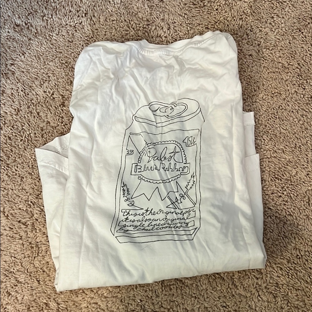 White Graphic T-Shirt with Pabst Blue Ribbon Design